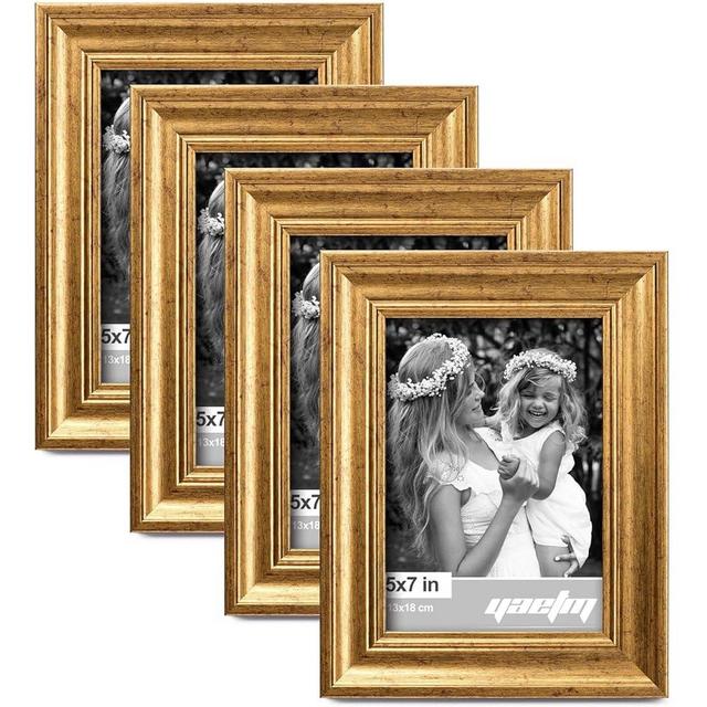 Yaetm 5x7 Gold Picture Frame Set of 4, 1.4” Wide Molding & Rustic Gold Photo Frames with HD Tempered Glass, Display on Table Top & Wall Mounting (4 pack, Gold)