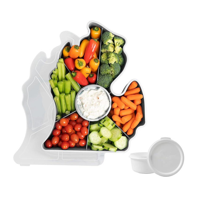 Kolorae Michigan Serving Tray - Unique 7 Compartment Mitten State Snack Tray w/Dressing Cup. Great for Entertaining or Food Storage for Chips & Dip, Fruits & Veggies. Party Serving Platter