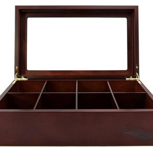 The Bamboo Leaf Wooden Tea Storage Chest Box with 8 Compartments and Glass Window (Cherrywood)