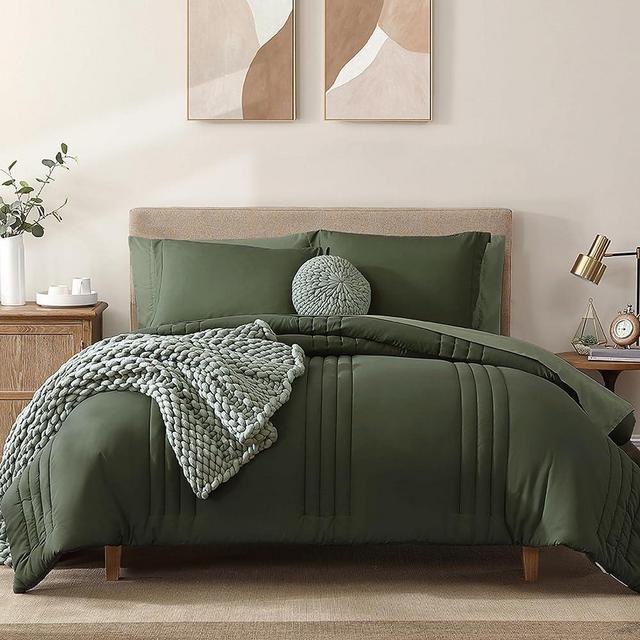 Monbix Comforter King Size, King Comforters Set 7 Piece, Breathable Solid Bedding Sets King with Comforters, Sheets, King Bed in A Bag with Sheets,Pillowcases & Shams (Olive Green King, 102"x90")