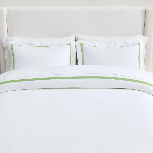 Belgian Flax Linen Frame Duvet Cover, White/Spring Green, King/Cal. King