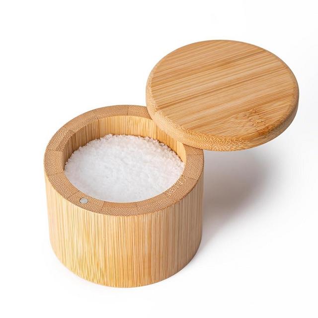 Husfunov Bamboo Salt Cellar, Salt Box with Magnetic Swivel Lid, Round Salt Container for Storing Salt Pepper Sugar Herbs,6 Ounce Capacity