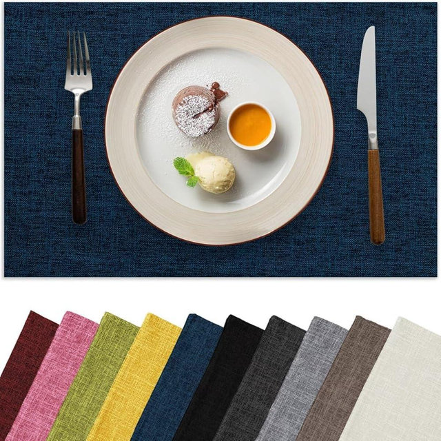 Aironment Placemats Set of 6, Bilayer Thickened Linen Place Mats Heat Resistant Machine Washable Wrinkle Free Carefully Selected Polyester Mats for Kitchen/Dining/Coffee Table (Navy Blue)