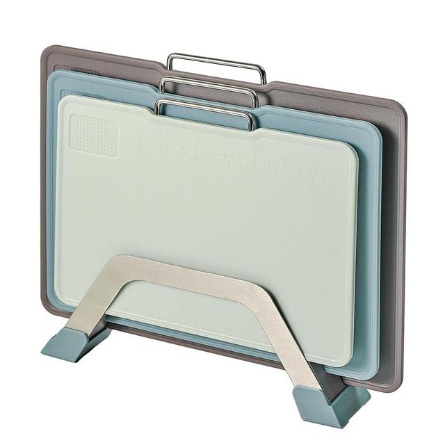 KOFRAND Plastic Cutting Boards with Grinding Area and Measurement, Cutting Boards for Kitchen Dishwasher Safe, Chopping Board Set of 3 with Holder, Non-Slip Design, Stainless Steel Handle, Blue
