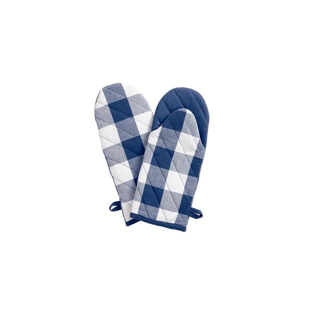Farmhouse Living Buffalo Check Oven Mitt Pair - 13" x 6" - Blue/White - Elrene Home Fashions