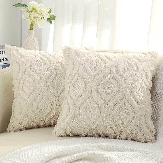 decorUhome Decorative Throw Pillow Covers 22x22, Soft Plush Faux Wool Couch Pillow Covers Set of 2, Beige