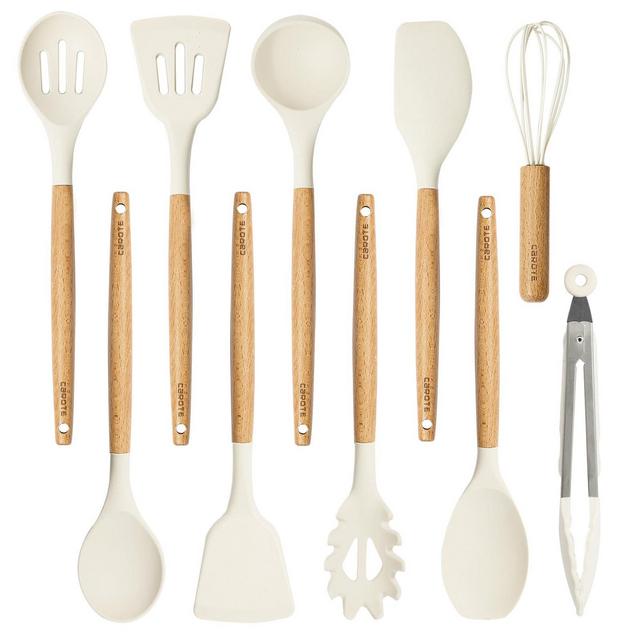 CAROTE Silicone Cooking Utensils Set for Kitchen with Wooden Handle, 10pcs, White