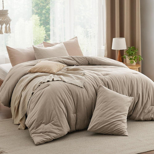 Bedsure Comforter Set King Size Taupe - Cotton Fabric with Microfiber Inner Fill, King Comforter Set for All Seasons, 3 Pieces, 1 Comforter (104"x90") and 2 Pillow Cases (20"x36")