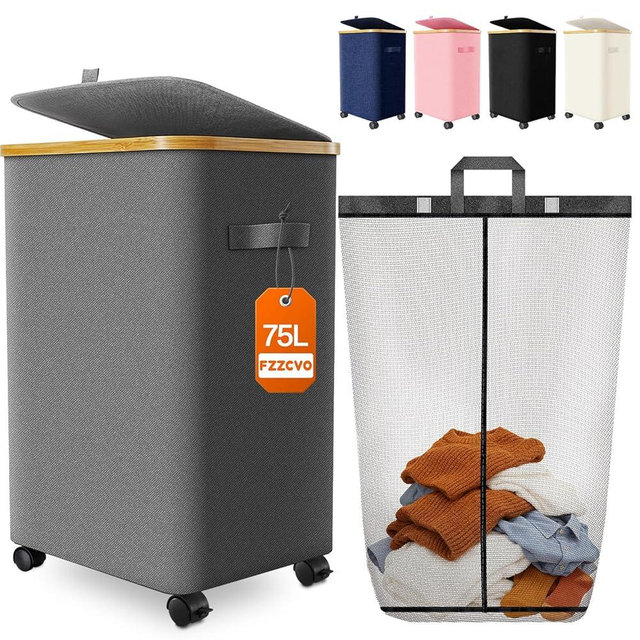 Laundry Hamper with Wheels, 75L Large Clothes Hamper with Removable Inner Bag, Collapsible Dirty Clothes Basket for Dorm, Rolling Dirty Clothes Basket for, Bedroom, Bathroom, Laundry Room