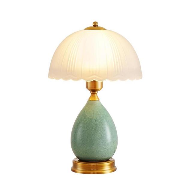 Table Lamps for Bedroom Vintage Golden Table Lamps for Bedroom Ceramic Retro Lamp for Living Room,16" Modern Bedside Nightstand Traditional Lamps, Classic Chinoiserie Green Glass Lamp for Home Decor