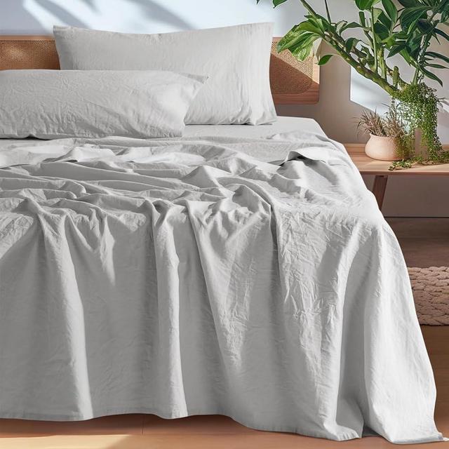 SONORO KATE 100% French Pure Linen Sheets, Breathable and Durable Line Queen Size Sheets, Anti-Tear Line Bed Sheets, Machine Washable, 16 Inch Deep Pocket - 4 Piece (Grey, Queen)