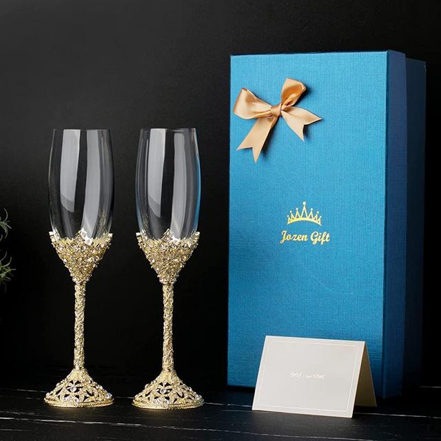 Gold Champagne Flutes Set of 2 Crystal Champagne Glasses Gold Metal Base With Crystal Stones, Set of 2 Toasting Flute Pair, Wedding Anniversary Party Birthday Banquets and Gifts for Bride and Groom7oz