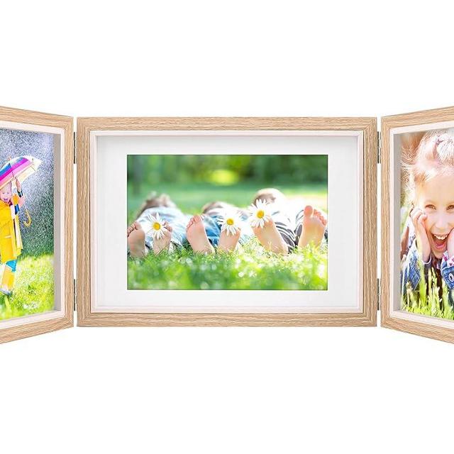 Three Picture Frame Display 4x6 and 5x7 Wooden Hinged Folding Photo Frame Definition Glass Stand Vertically on Desktop，Grain