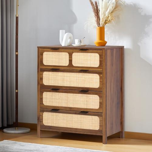 QEIUZON 4 Drawer Dresser, Modern Rattan Dresser Chest with Wide Drawers and Metal Handles, Farmhouse Wood Storage Chest of Drawers for Bedroom, Living Room, Entryway (Walnut-4 Drawers)