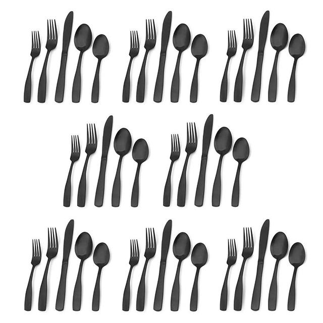 Matte Black Silverware Set, Bysta 40-Piece Stainless Steel Flatware Set, Kitchen Utensil Set Service for 8, Tableware Cutlery Set for Home and Restaurant, Satin Finish, Dishwasher Safe