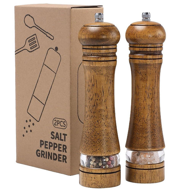 M JINGMEI Wooden Salt and Pepper Grinder Set, Premium Oak Wood Salt Grinders Shakers, Pepper Mill with Acrylic Clear Window, Adjustable Ceramic Grinder - 8 inches, 2 Pack
