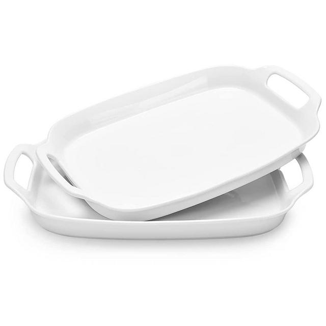DOWAN 15" Serving Tray with Handles, Porcelain Rectangular Large Serving Platters for Serving Food, Breakfast, Appetizer, Snack, Easy to Clean,for Restaurant, Entertaining, Halloween, Set of 2