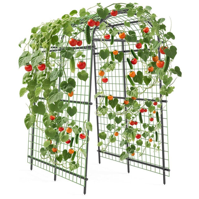 7.5FT Metal Garden Arch Trellis with Netting, Adjustable 35"–45" Arbor for Climbing Plants, Roses, Grapes & Vegetables, Weatherproof Steel Pergola with Ground Clips, Easy Fold-Out Assembly
