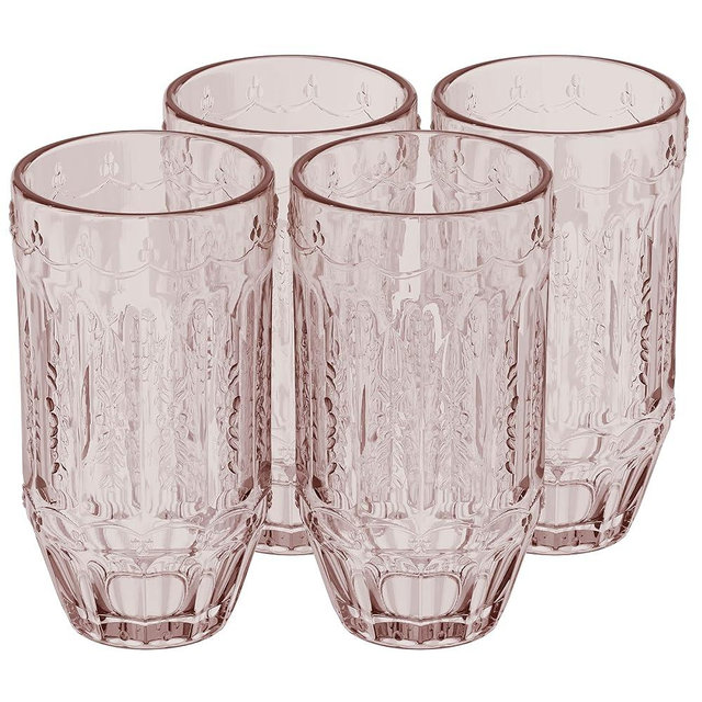 Elle Decor Highball Glasses | Set of 4 | Pink Colored Vintage Glassware Set | Colored Wine Tumbler | Water Cups for Party, Wedding, & Daily Use | Elegant Tom Collins Glasses (10 oz)