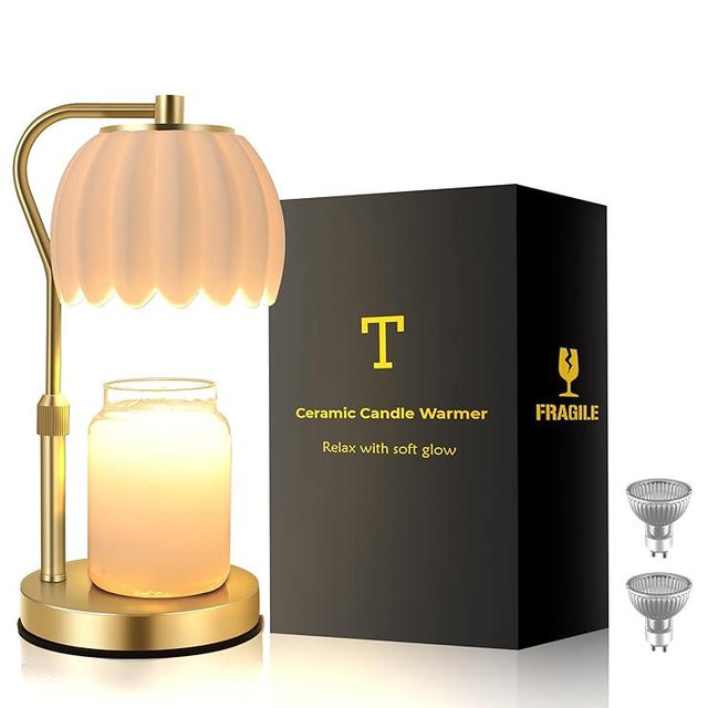Tulip Ceramic Flower Candle Warmer Lamp - Handcrafted Lamp Shade with Soft Glow Light - Adjustable Height Warmer Melter with Timer, Dimmer, 2 Bulbs - Ideal Gift, fits Various Size Scented Candles