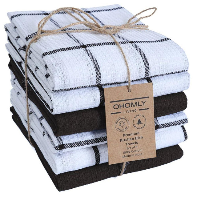 OHOMLY LIVING Assorted Waffle Kitchen Towels Set of 6-100% Cotton Dish Cloths Towels with Hanging Loop - Soft, Absorbent & Washable for Kitchen Use - Quick Drying Dish Towels 16x26 Inch Black