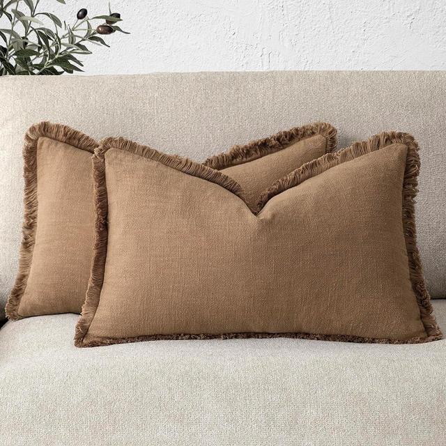 Foindtower Set of 2 Decorative Linen Fringe Lumbar Throw Pillow Covers Boho Farmhouse Cushion Cover with Tassels Soft Accent Pillowcase for Couch Sofa Bed Living Room Home Decor,12×20Inch,Khaki Brown