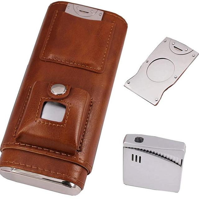 AMANCY Portable 3 Holder Cigar Case Set With Lighter and Cutter Great Gift Kit