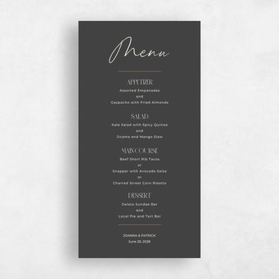 Dark Charcoal, Black Wedding Menu - Hannegan