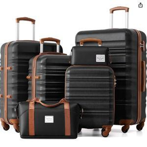 LONG VACATION 6 Piece Luggage Set Carry on Suitcase with ABS+PC hardshell, Spinner Wheels & YKK Zipper TSA Lock (BLACK-BROWN, 6 piece set)