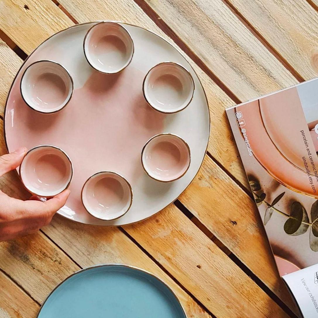 Pink and White Porcelain Seder Plate by SIND Studio
