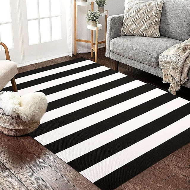Black and White Striped Rug 3' x 5' Black and White Cotton Woven Washable Rug Retro Lattice Stripe Outdoor Rug Carpet for Farmhouse Living Room/Dining Room/Bedroom