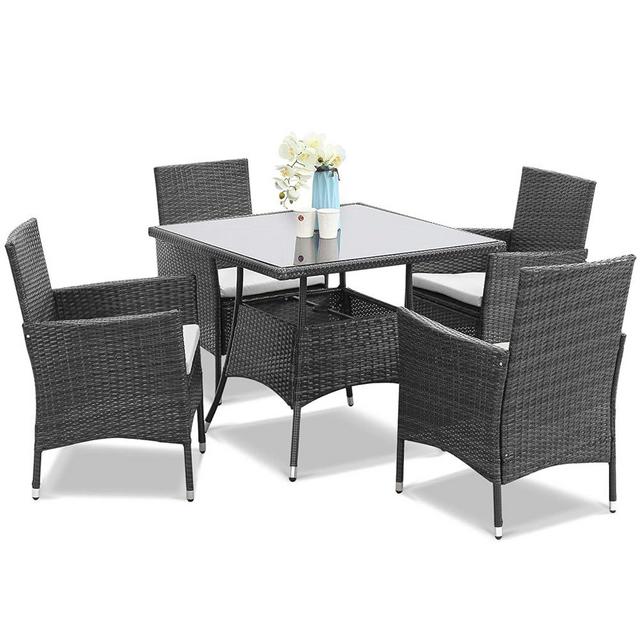 Odoor Direct 5 Piece Patio Dining Set, Patio Table and Chairs Set for 4, Wicker Outdoor Furniture, Square Tempered Glass Tabletop with Umbrella Hole, for Balcony, Backyard, Front Porch,Grey