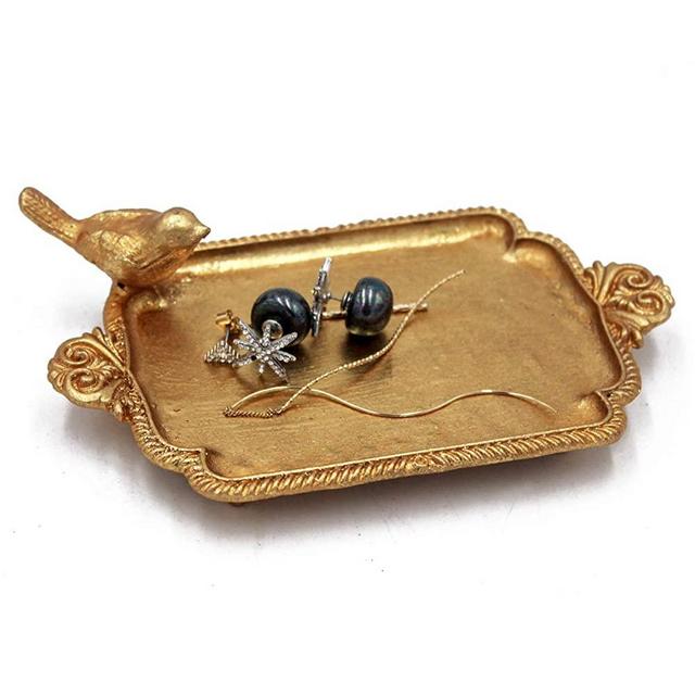 Funly mee Antique Trinket Dish Vintage Golden Metal Jewelry Tray with Bird, Ring Holder