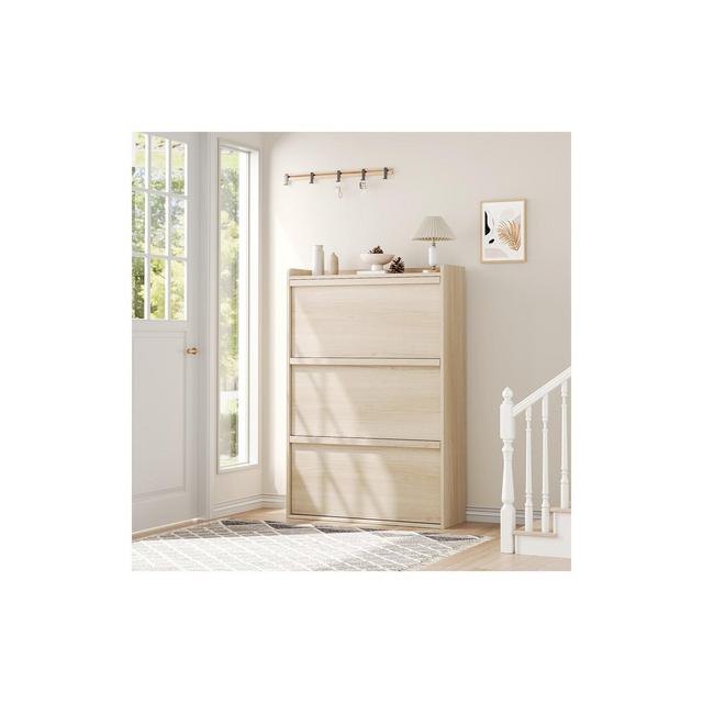 Shoe Cabinet with 3 Flip Drawers, Shoe Storage for Entryway, Wooden Shoe Organizer Cabinet, Hidden Shoe Rack for Hallway, Living Room, Natural