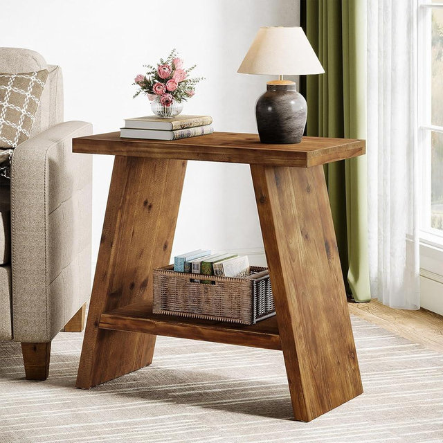 TRIBEWOOD Solid Wood End Table for Living Room, Narrow Small Side Table with 2-Tier Storage, Farmhouse Bedside Nightstand for Bedroom, Small Places(1PCS)