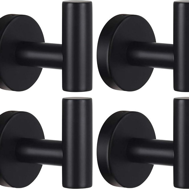 Kruodop Towel Hooks for Bathroom,4 Packs Wall Mount Towel Holder,Black Matte Wall Robe Hook,Stainless Steel Heavy Duty Door Hanger Towel Hook for Kitchen, Bedroom,Hotel,Pool,Coats - Black