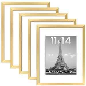 Gold 11x14 Picture Frame Set of 5, Display Pictures 8x10 with Mat or 11x14 Without Mat, Wall Gallery Photo Frames, Gold