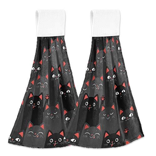 Black Cats Kitchen Hanging Hand Towels,Cute Grey Absorbent Tie Towel with Loop 2 PCS Kitchen Linen Sets for Bathroom Restroom Home Decor