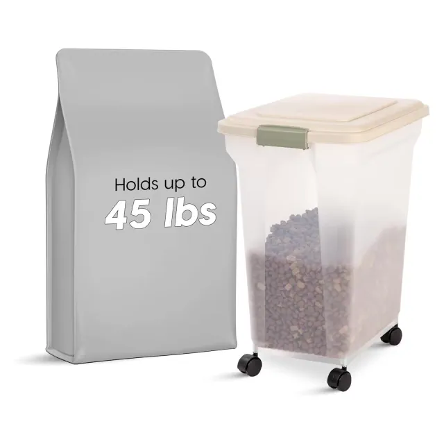 IRIS USA 42 Lbs / 55 Qt WeatherPro Airtight Pet Food Storage Container with Attachable Casters, For Dog Cat Bird and Other Petn, Clear/Almond