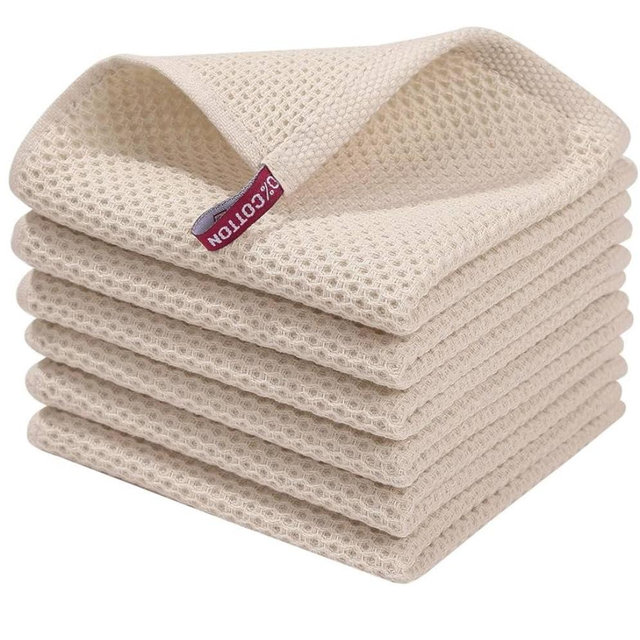 Homaxy 100% Cotton Waffle Weave Kitchen Dish Cloths, Ultra Soft Absorbent Quick Drying Dish Towels, 12 x 12 Inches, 6-Pack, Beige