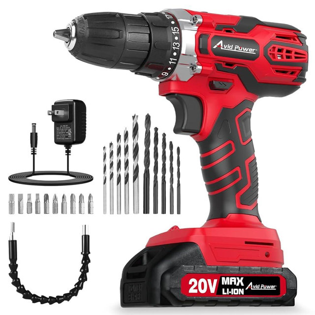 AVID POWER 20V MAX Power Drill Kit, Cordless Drill Set with Battery and Charger, 2 Variable Speed, 3/8-Inch Keyless Chuck, 19 Position and 22pcs Bits