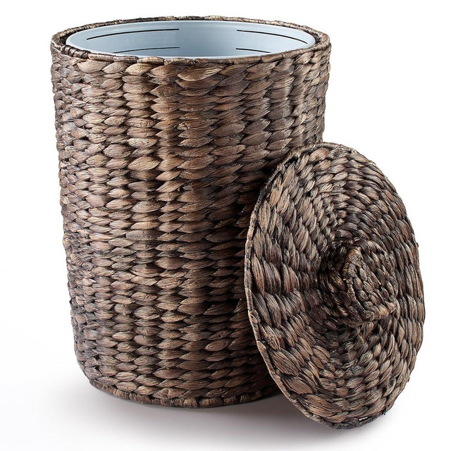 4 Gallons Wicker Waste Basket - Water Hyacinth Bathroom Trash Can - Garbage Can with Lid Boho Style - Wicker Trash Can with Lid for Bedroom, Kitchen - Removable Liner, Handwoven (Black Color)