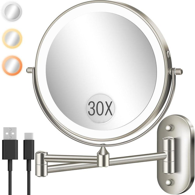 Wall Mounted Makeup Mirror with Light, 30X/1X 8'' Double Sided LED Magnifying Bathroom Lighted Vanity Mirror with Magnification, 3 Color Light up Touch Dimmable Extended Arm 360 Rotation