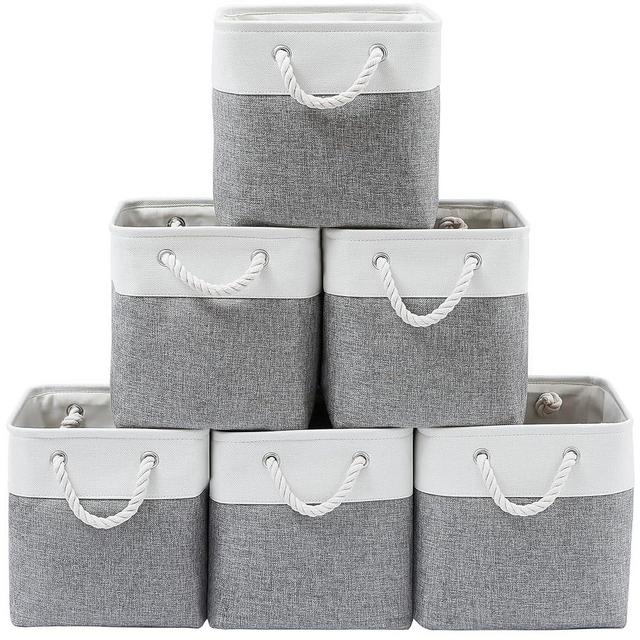 MidmmVick 13 x 13 Inch Cube Storage Bins, 6 Pack Extra Large Collapsible Fabric Storage Bin with Ropes, Foldable Storage Cubes for Home (White & Grey-13"x13"x13")