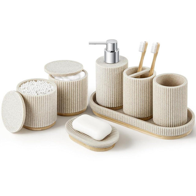 Bathroom Accessories Set, 7PCS Resin Bathroom Set with Bamboo Base, with Soap Dispenser, Q-tip Holder, Toothbrush Holder, Tumbler, Soap Dish, Vanity Tray, Complete Bathroom Set for Modern Decor,Beige