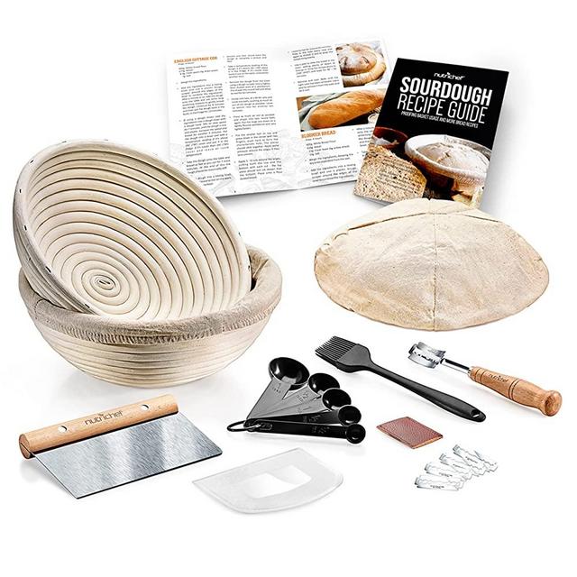 NutriChef Banneton Bread Proofing Basket - Natural Rattan Sourdough Proving Container Set with Washable Linen Cloth, Scrapper, Scoring Lame w/ Blades, Measuring Spoons, Silicone Baking Brush