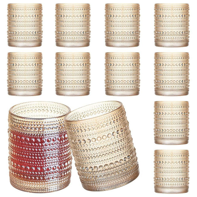 12 Pcs Golden Hobnail Beaded Drinking Glasses, 12 oz Vintage Glassware Set Romantic Water Glasses Tumbler, Water Cups, Clear Embossed Glassware Set for Beer, Juice, Cocktail, Soda, Beverages Amber