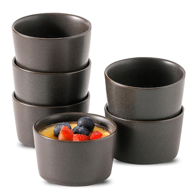 Tikooere Ramekins 4 oz, Oven Safe Soufflé Dishes for Creme Brulee, Souffle, Pudding, Ice Cream, Stoneware Custard Cups for Baking, Small Ceramic Bowls Set of 6, Kitchen Decor Gift, Matte Black