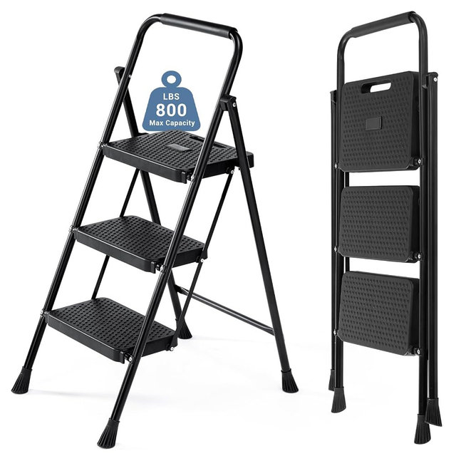 DUMOS 3 Step Ladder, Sturdy Step Stool with Anti-Slip Pedal & Comfortable Handrail, Portable Heavy Duty Step Stool for Kitchen, Garage & Outdoor Use, 800lbs, Black