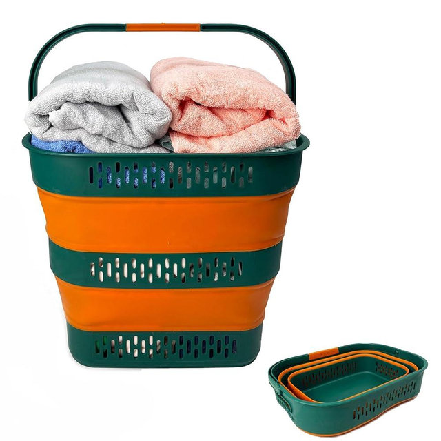SAMMART 38L(10 Gal) Collapsible Laundry Basket - Foldable Pop-Up Storage Container/Organizer-Portable Space Saving Hamper, Measure 17.5x13.3x15.7"/3.8" Expanded/Collapsed (1, Teal Green/Autumn leaf)
